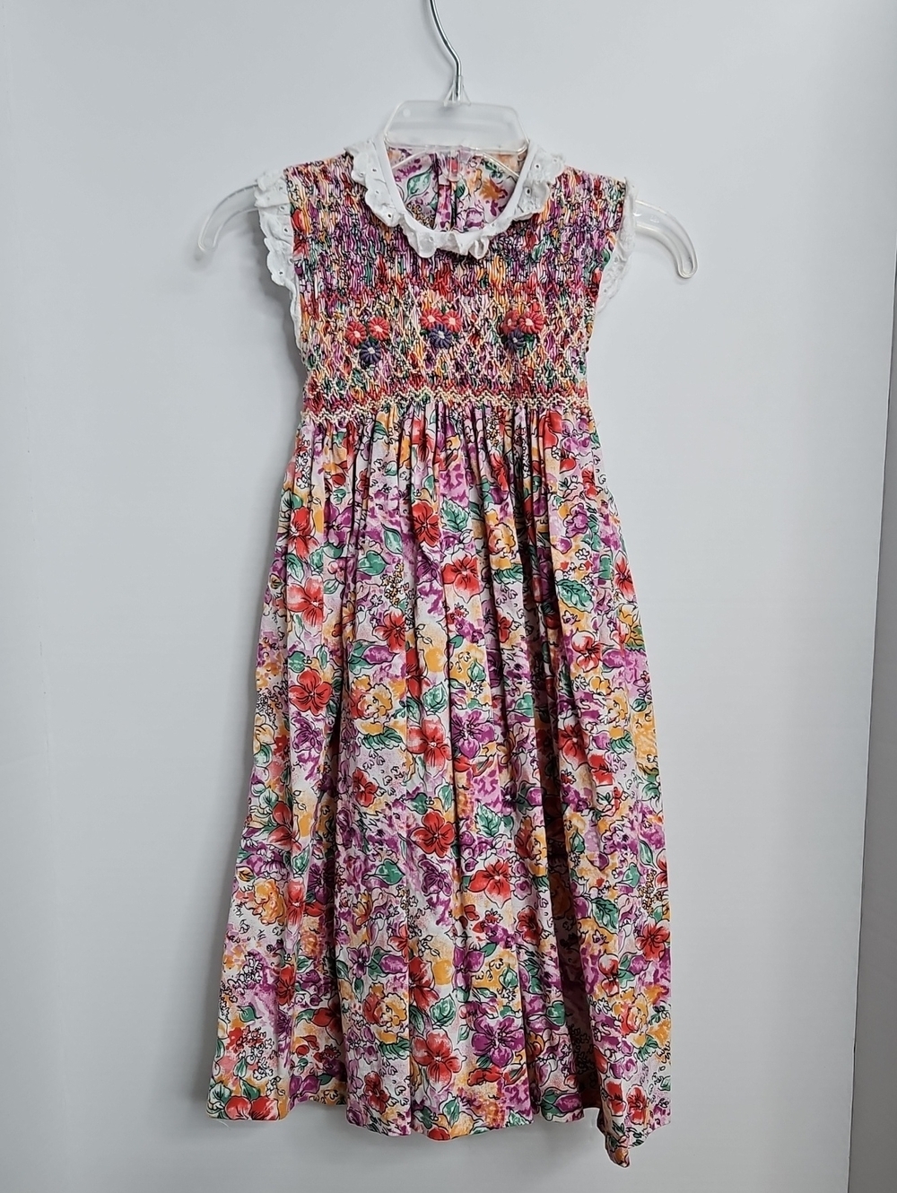 Floral Smocked Long Dress Lace Collar Capped Sleeves Colorful Sz 2 Girls